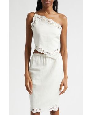 Posse Darya Brodierie Trim One Shoulder Tie Back Top - White