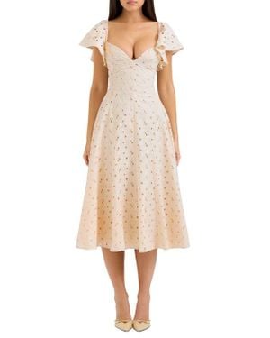 House Of Cb Austen Lace-Embroidered Flared-Sleeve Woven Midi Dress in Blue  | Lyst