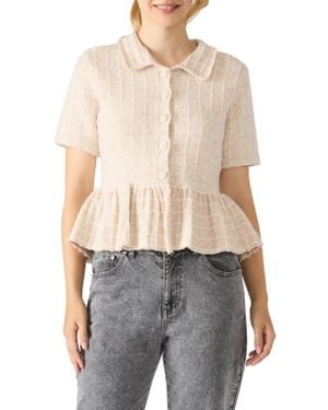 Steve Madden Roxanna Peplum Tweed Button-Up Top - Gray