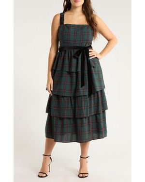 Sugarlips Brook Plaid Velvet Tiered Midi Dress - Multicolor
