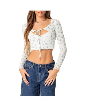 Edikted Floral Pointelle Crop Camisole & Shrug - Blue