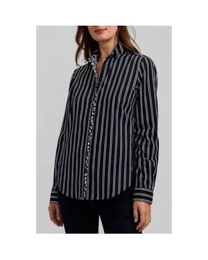 Foxcroft Charlie Stripe Animal Print Trim Cotton Button-Up Shirt - Black