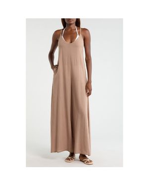 Elan Wide Leg Cotton & Linen Blend Cover-Up Jumpsuit - Brown