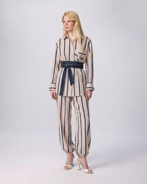 Theo the Label Ismene Side Button Boyfriend Stripe Shirt - White
