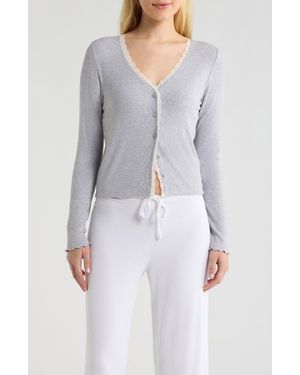 Open Edit Daydream Lace Trim Rib Button-Up Lounge Top - Gray