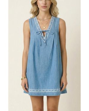 Modenaire Sleeveless Mini Dress With Embroidered Trim And Tie Front Detail - Blue
