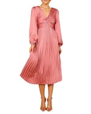 Petal & Pup Noelle Long Sleeve Pleated Satin Midi Dress - Pink