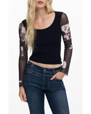 Desigual Mesh Sleeve Crop T-Shirt - Blue