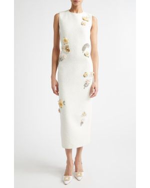 Oscar de la Renta Brooch Embroidered Sleeveless Tweed Cocktail Dress - White