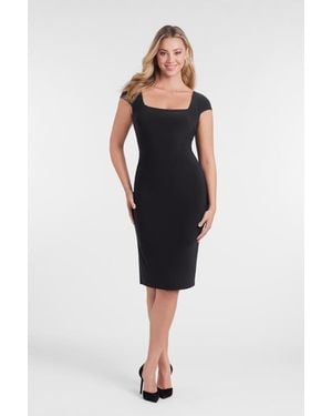 S3 Apparel Sculpting Shapewear Square Neck Cap Sleeve Solid Midi Dress - Black