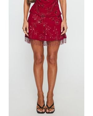 Princess Polly Twilight Embellished Beaded Sequin Fringe Miniskirt - Red
