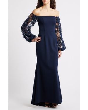 eliza j long sleeve lace dress Eliza J EJ3-0916 Sequin Embroidered Long Sleeve Gown SZ 4 ($198) Navy