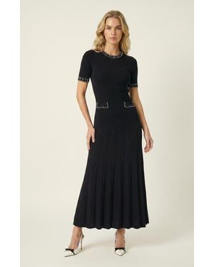 Modenaire Pearl Embellished Fitted Waist Pleated Midi Knit Dress - Black