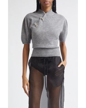 Simone Rocha Jeweled Mandarin Collar Cashmere Sweater - Gray