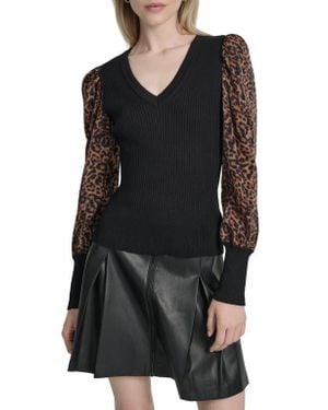 DKNY Rib Puff Shoulder Sweater - Black
