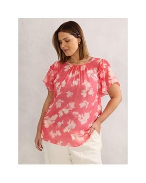 Live Unlimited Floral Print Ruffle Overlay Blouse - Pink