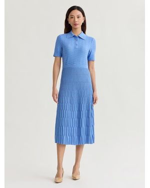 Misook Fit & Flare Geometric Collared Soft Knit Maxi Dress - Blue