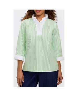 Foxcroft Tammy Ruffle Collar Cotton Top - Green
