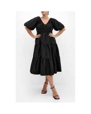 City Chic Fantasy Tiered Puff Sleeve Midi Dress - Black