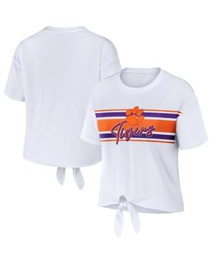 WEAR by Erin Andrews Clemson Tigers Striped Front Knot Cropped T-Shirt - White