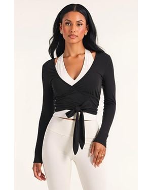 Modenaire Wrap Front Long Sleeve Crop Top With Tie Waist Detail - Black