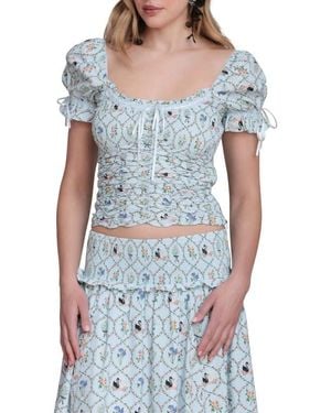 Avec Les Filles Floral Lattice Peasant Top - Blue