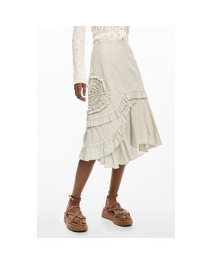 Desigual Ruffle Asymmetric Midi Skirt - Natural