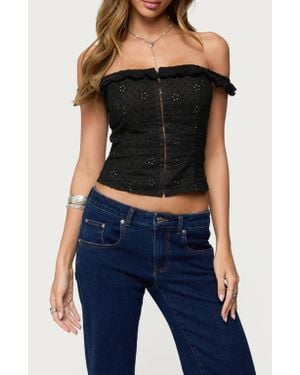Edikted Jordana Ruffle Eyelet Off The Shoulder Crop Top - Black