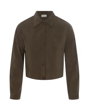 Versatile Copper Tencel Button Front Cropped Blouse - Green