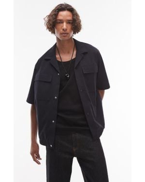 TOPMAN Oversize Knit Cotton Blend Camp Shirt - Black