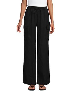 Lands' End Linen High Rise Elastic Back Wide Leg Cargo Pants - Black
