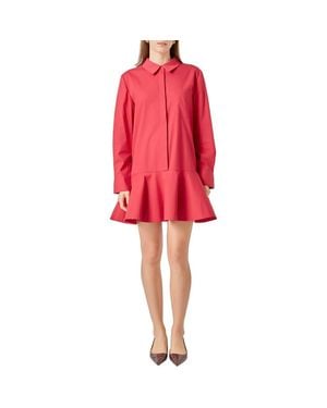 English Factory Ruffle Hem Long Sleeve Mini Shirtdress - Red