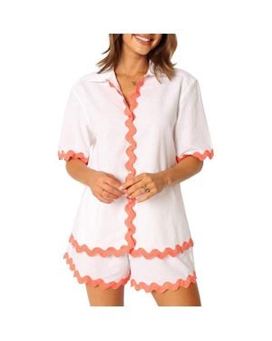 Petal & Pup Harry Rickrack Trim Cotton & Linen Button-Up Shirt - Red