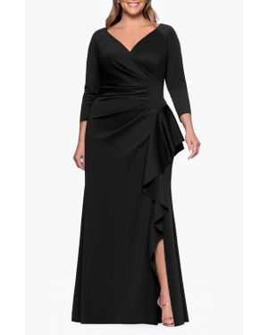 Xscape Evenings Ruched Scuba Knit Ruffle Gown - Black