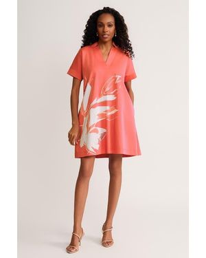Ming Wang Relaxed A-Line Floral Printed Stretch Cotton Dress - Red