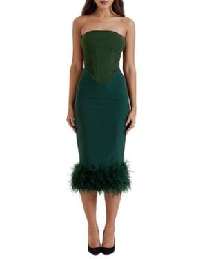 House Of Cb Fionula Strapless Feather Hem Midi Dress - Green
