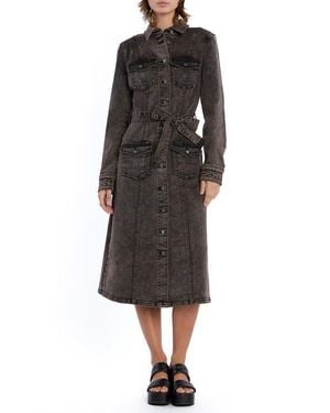Wash Lab Denim Tie Waist Long Sleeve Cargo Denim Midi Shirtdress - Black