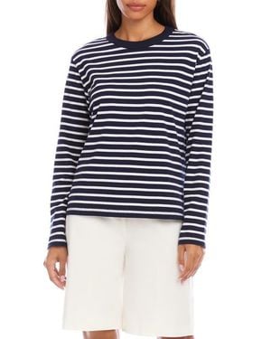 Karen Kane Stripe Crewneck Long Sleeve Cotton Top - Blue