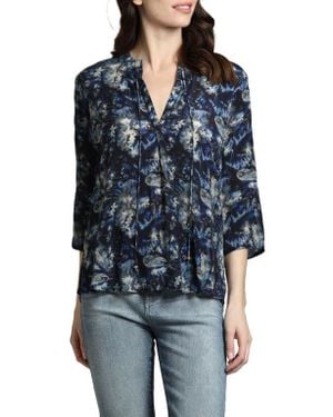 Apny Print Tassel Split Neck Chiffon Top - Blue