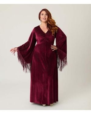 Smak Parlour Plus Size Fringed Long Bell Sleeved Ruched Maxi Dress - Red