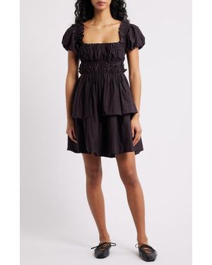 Damson Madder Lyza Ruffle Puff Sleeve Tiered Cotton Minidress - Black