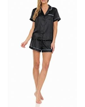 Flora Nikrooz Satin Short Pajamas With Faux Pearl Trim - Black