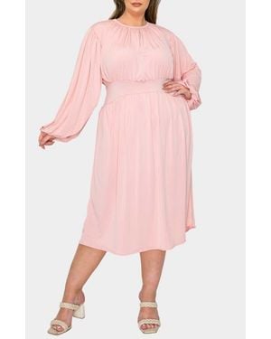L I V D Audrey Gathered Long Sleeve Midi Dress - Pink
