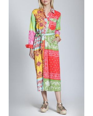 Apny Patchwork Print Long Sleeve Shirtdress - Multicolor