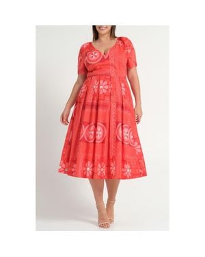 Estelle Amity Pleated Puff Sleeve Cotton Fit & Flare Dress - Red