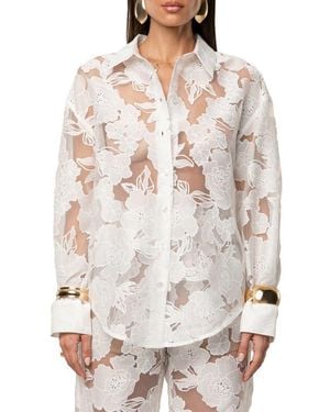 JLUXLABEL Embroidered Floral Cotton Blend Organza Button-Up Shirt - White