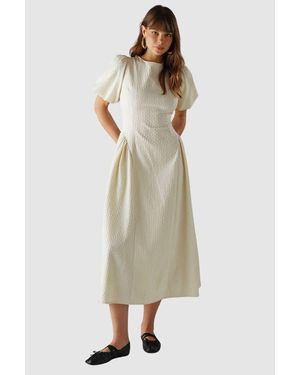 Warehouse Seersucker Puff Sleeve Midi Dress - Natural