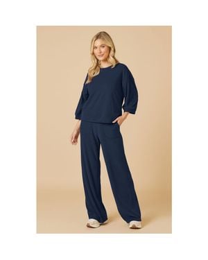 Softies Terry Cropped Sleeve Crew Neck With Wide Leg Pant - Blue