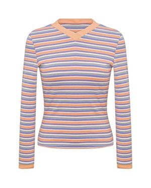Be Positive Striped Overlap V-Neck Contrast Cuff Top - Multicolor