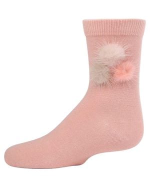 Memoi Fluffy Trio Pom-Pom Crew Socks - Pink